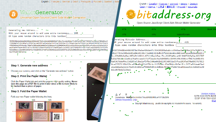 Bitaddress ir Walletgenerator yra pačios populiariausios internetinės svetainės, kuriose galima susikurti nuosavą Bitcoin popierinę kripto piniginę.